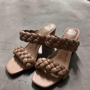 Madden NYC Braided Double-Strap Heeled Slides in Taupe